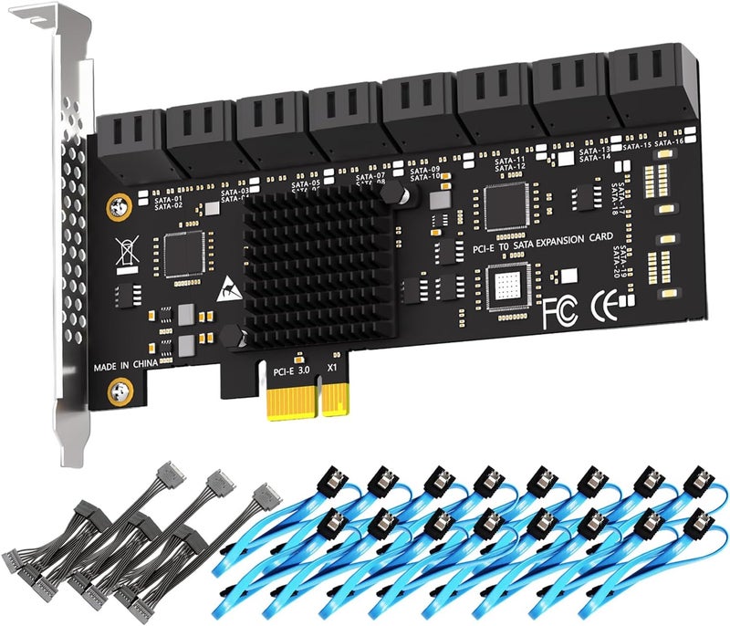 GLOTRENDS SA3116-C 16-Port PCIe X1 SATA Expansion Card with SATA and Power Cables, Compatible with Windows,Linux,Mac OS,NAS - Image 1